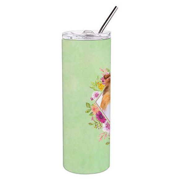 Sheltie Shetland Sheepdog Green Flowers Stainless Steel 20 oz Skinny Tumbler - Picture 2 of 4